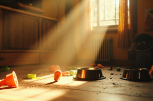 Empty pet food bowls and scattered cat toys arranged on wooden floor in a cozy, naturally lit indoor corner
