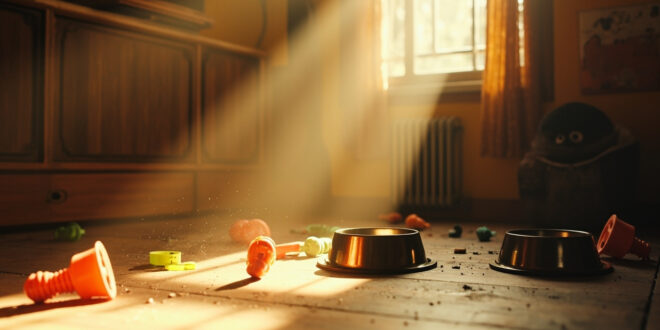 Empty pet food bowls and scattered cat toys arranged on wooden floor in a cozy, naturally lit indoor corner