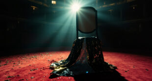 Empty spotlight illuminating abandoned sequined dress on chair at deserted award ceremony, with scattered sequins on red carpet