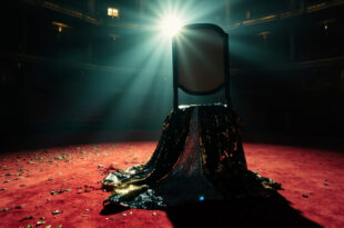 Empty spotlight illuminating abandoned sequined dress on chair at deserted award ceremony, with scattered sequins on red carpet