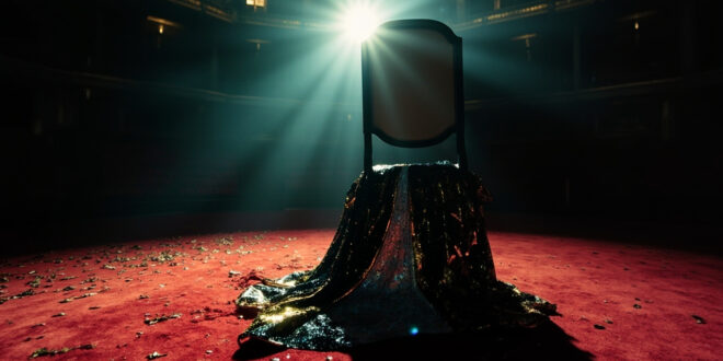 Empty spotlight illuminating abandoned sequined dress on chair at deserted award ceremony, with scattered sequins on red carpet