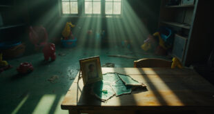 Abandoned toys scattered across a divided children's playroom, with a broken family photo frame on a wooden table.