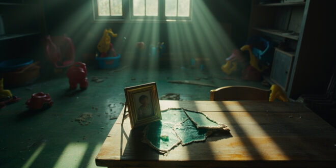 Abandoned toys scattered across a divided children's playroom, with a broken family photo frame on a wooden table.