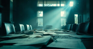 Empty conference chairs surround an abandoned negotiation table with unsigned diplomatic documents at a military airbase