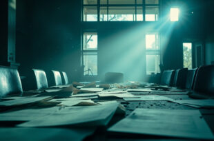 Empty conference chairs surround an abandoned negotiation table with unsigned diplomatic documents at a military airbase