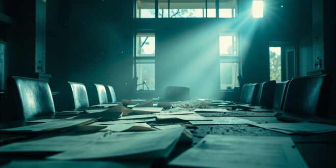 Empty conference chairs surround an abandoned negotiation table with unsigned diplomatic documents at a military airbase