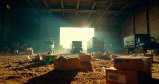 Abandoned humanitarian aid packages scattered across empty warehouse floor at dusk, with vacant supply trucks in background