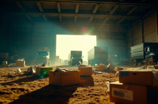 Abandoned humanitarian aid packages scattered across empty warehouse floor at dusk, with vacant supply trucks in background