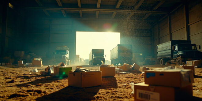 Abandoned humanitarian aid packages scattered across empty warehouse floor at dusk, with vacant supply trucks in background