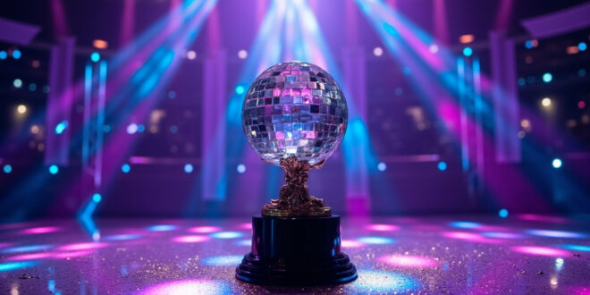 Glittering mirrorball trophy on dance floor under dramatic purple stage lighting with scattered sparkles
