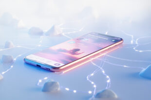 Smartphone with glowing screen showing social media interface, surrounded by soft lighting in rose gold and navy blue tones