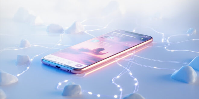Smartphone with glowing screen showing social media interface, surrounded by soft lighting in rose gold and navy blue tones
