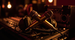 Golden microphones and headphones on mixing board in dimly lit recording studio with warm atmospheric lighting