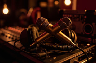 Golden microphones and headphones on mixing board in dimly lit recording studio with warm atmospheric lighting