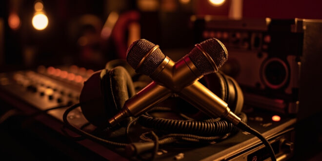 Golden microphones and headphones on mixing board in dimly lit recording studio with warm atmospheric lighting