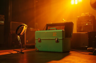 Mint green briefcase with golden initials containing unopened album covers next to vintage microphone in recording studio
