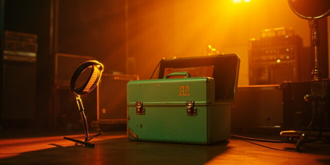 Mint green briefcase with golden initials containing unopened album covers next to vintage microphone in recording studio