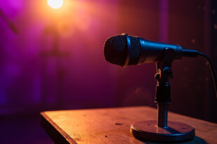 Empty professional podcast studio with vintage microphone on recording table, illuminated in purple and gold lighting