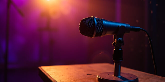 Empty professional podcast studio with vintage microphone on recording table, illuminated in purple and gold lighting