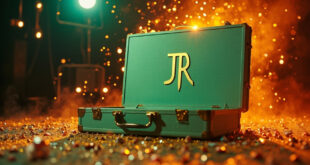 Mint green vintage briefcase with golden initials surrounded by rhinestones in glamorous recording studio with sparkling lights