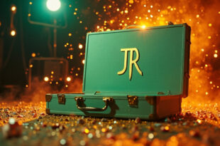 Mint green vintage briefcase with golden initials surrounded by rhinestones in glamorous recording studio with sparkling lights