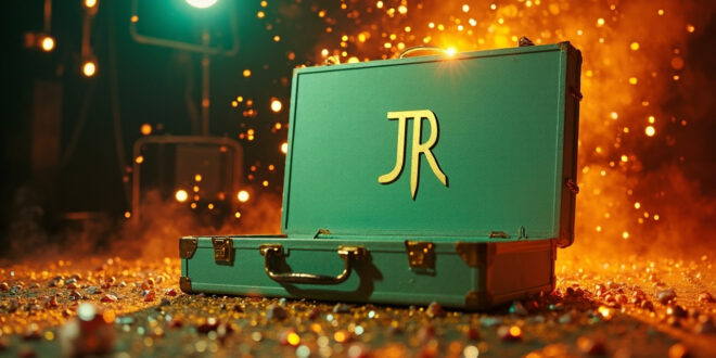 Mint green vintage briefcase with golden initials surrounded by rhinestones in glamorous recording studio with sparkling lights