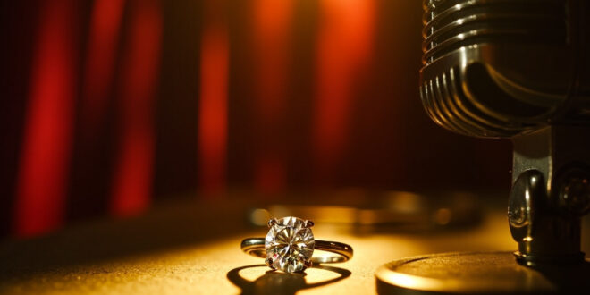 Sparkling diamond ring positioned next to classic recording microphone in warm studio lighting
