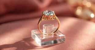 Large brilliant cut diamond engagement ring displayed on white velvet jewelry stand with soft lighting