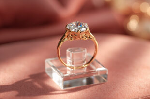 Large brilliant cut diamond engagement ring displayed on white velvet jewelry stand with soft lighting