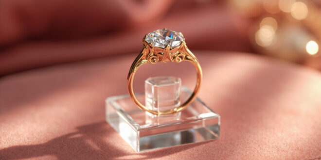 Large brilliant cut diamond engagement ring displayed on white velvet jewelry stand with soft lighting