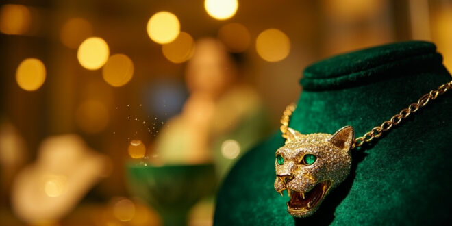 Cartier panther necklace with emerald eye displayed on luxury velvet stand in elegant jewelry boutique display case