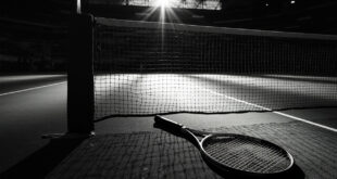 Empty tennis court with abandoned racket, net casting shadows across green surface