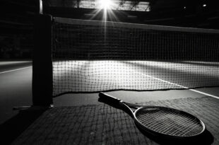 Empty tennis court with abandoned racket, net casting shadows across green surface