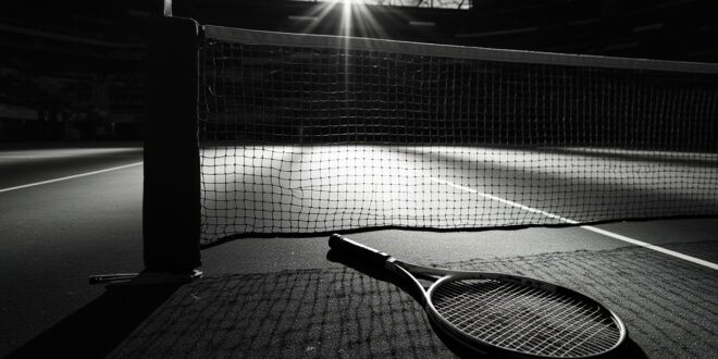 Empty tennis court with abandoned racket, net casting shadows across green surface
