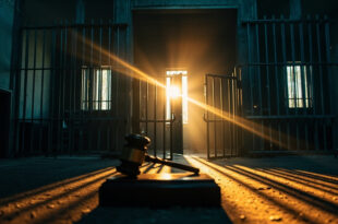 Empty prison cell with open door in abandoned government building at dusk, highlighting national security concerns
