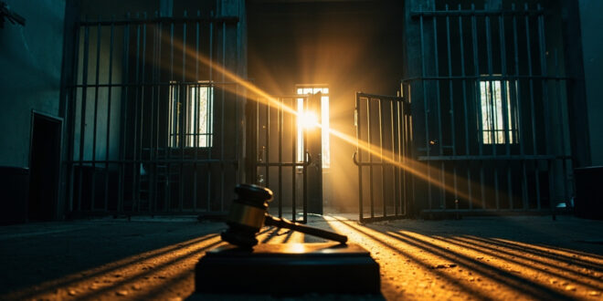Empty prison cell with open door in abandoned government building at dusk, highlighting national security concerns