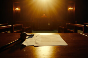 Empty courtroom with custody documents and judge's gavel on wooden desk, awaiting legal decision