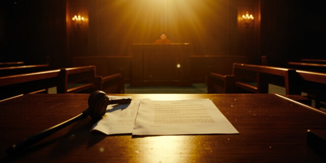 Empty courtroom with custody documents and judge's gavel on wooden desk, awaiting legal decision