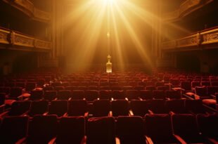 Empty ornate theater with vacant honorary seats and a golden trophy on pedestal in an abandoned concert hall