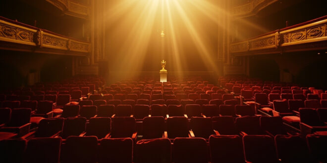 Empty velvet theater seats illuminated by spotlight in elegant Kennedy Center concert hall, symbolizing cultural decline