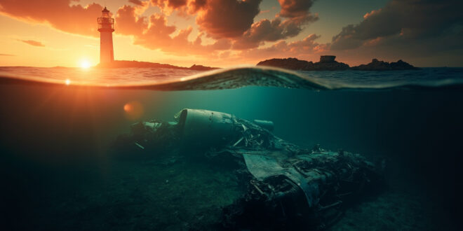 Sunken aircraft wreckage visible beneath Mediterranean waters near a coastal lighthouse at dusk, illuminated by orange sunset