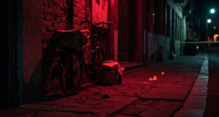 Electric delivery bike abandoned on cobblestone street with scattered packages and evidence markers in urban setting