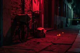 Electric delivery bike abandoned on cobblestone street with scattered packages and evidence markers in urban setting