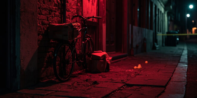 Electric delivery bike abandoned on cobblestone street with scattered packages and evidence markers in urban setting