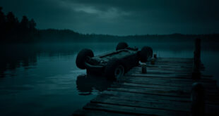 Golf cart partially submerged in dark lake water near wooden dock with investigation equipment scattered around