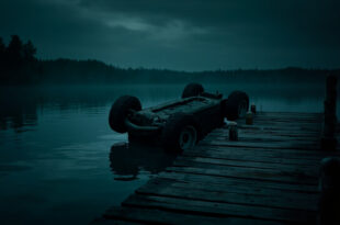 Golf cart partially submerged in dark lake water near wooden dock with investigation equipment scattered around