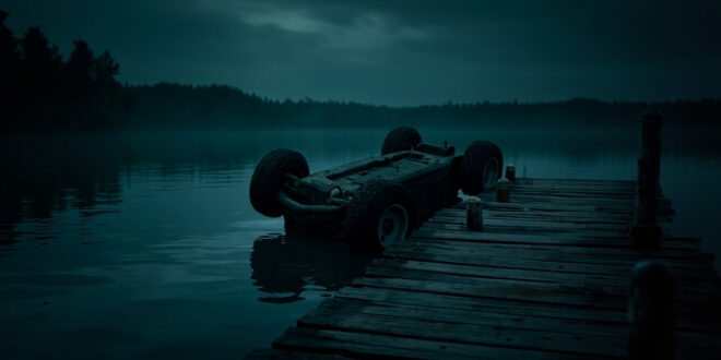 Golf cart partially submerged in dark lake water near wooden dock with investigation equipment scattered around