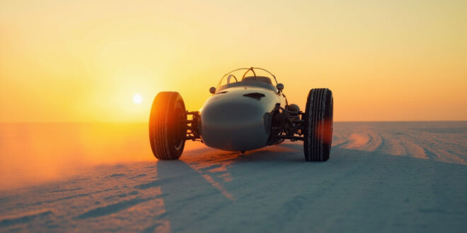Abandoned racing vehicle on Bonneville Salt Flats at dusk, with solitary tracks stretching across the stark white desert