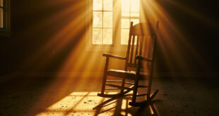 Empty vintage wooden rocking chair bathed in golden hour light at abandoned intersection, symbolizing absence and loss.