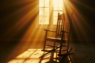 Empty vintage wooden rocking chair bathed in golden hour light at abandoned intersection, symbolizing absence and loss.